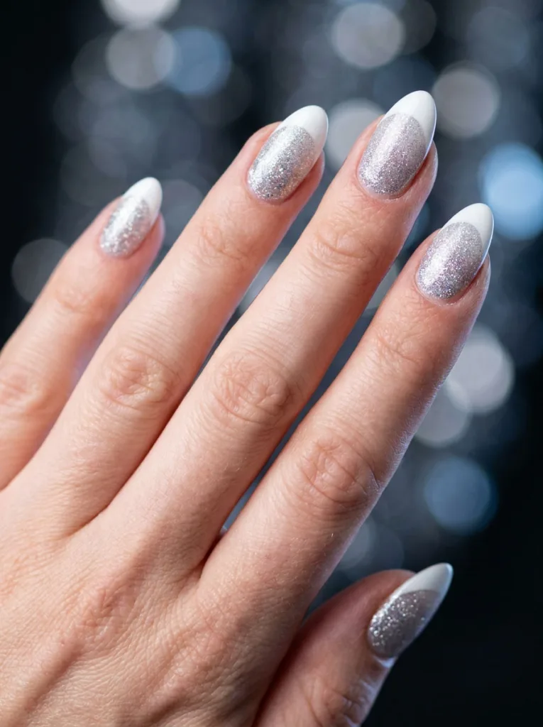 Sparkly glitter base fading into a solid white French tip line, hand posed against a bokeh light backdrop