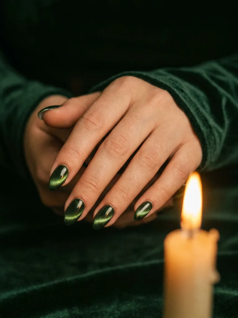Hand with burgundy cat eye nails lit by candlelight