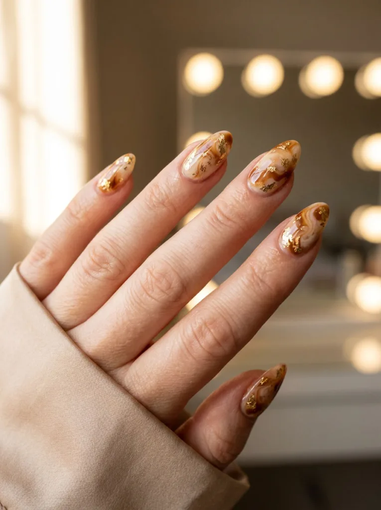 Gold foil marble birthday nails with luxury swirl pattern