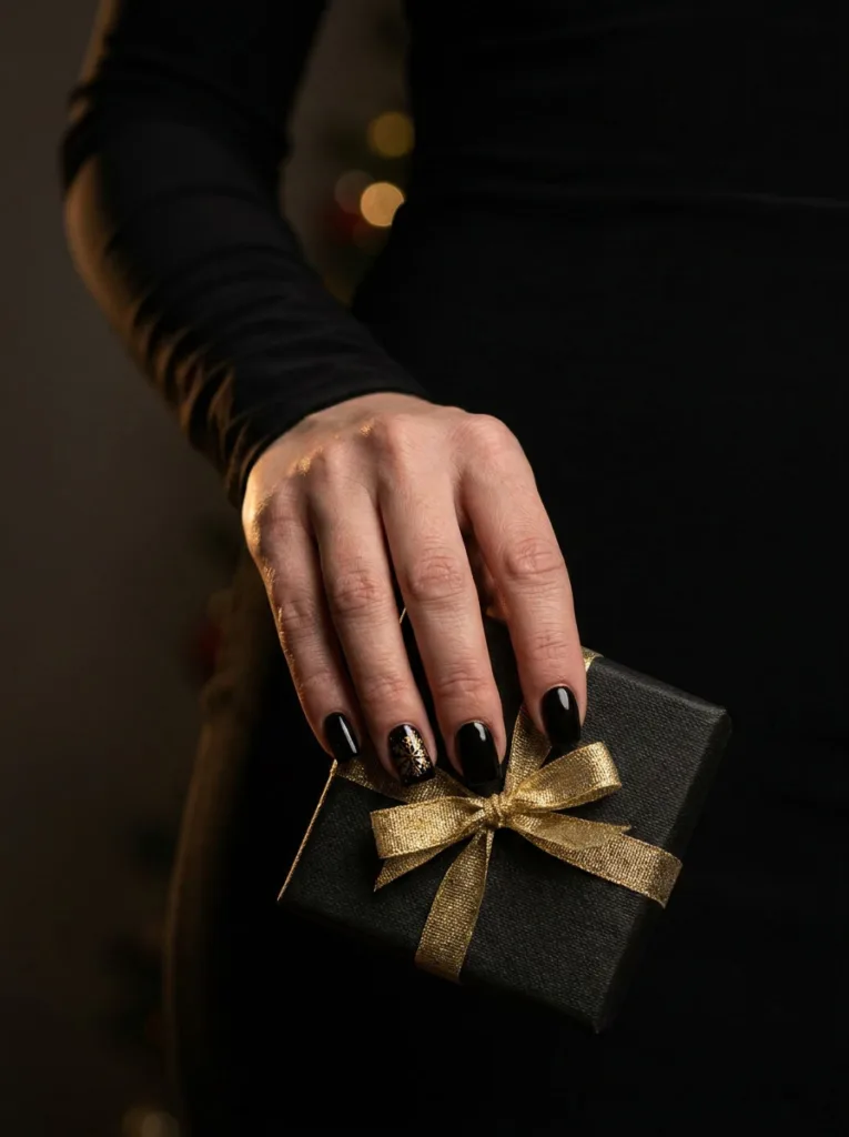 Fair-skinned hand with black and gold foil snowflake square winter nails holding a wrapped gift