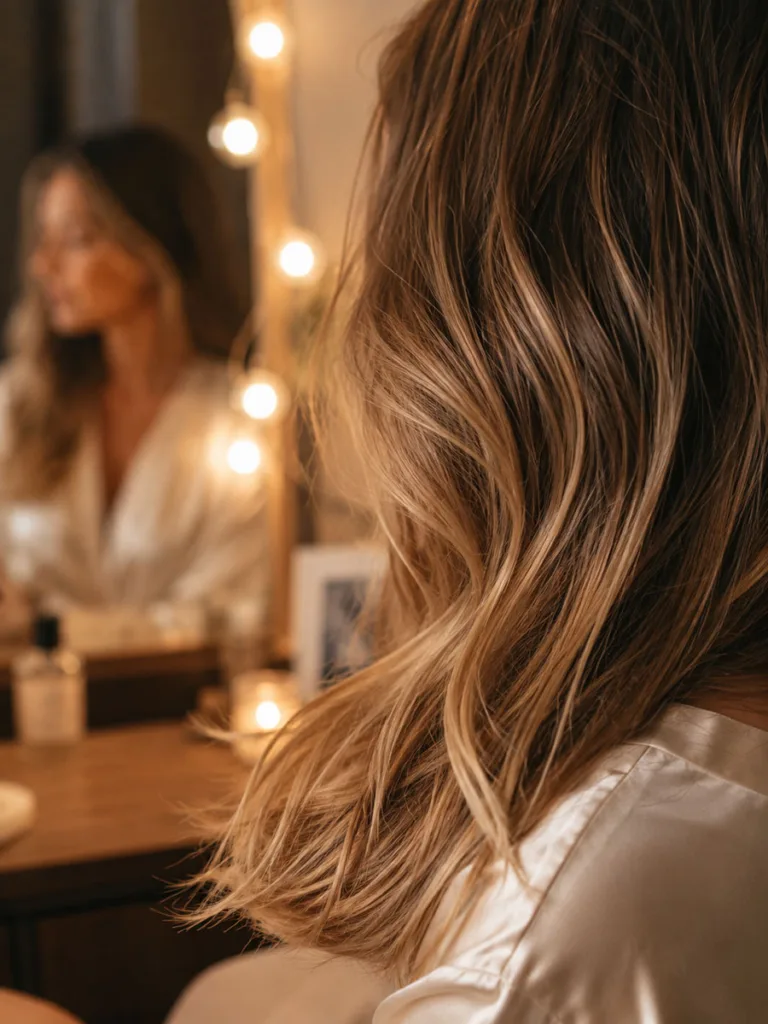 Close-up of golden balayage fall hair color ends at a home vanity mirror