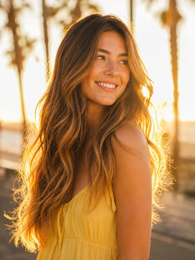 Woman with golden brunette balayage hair in warm tropical sunset light