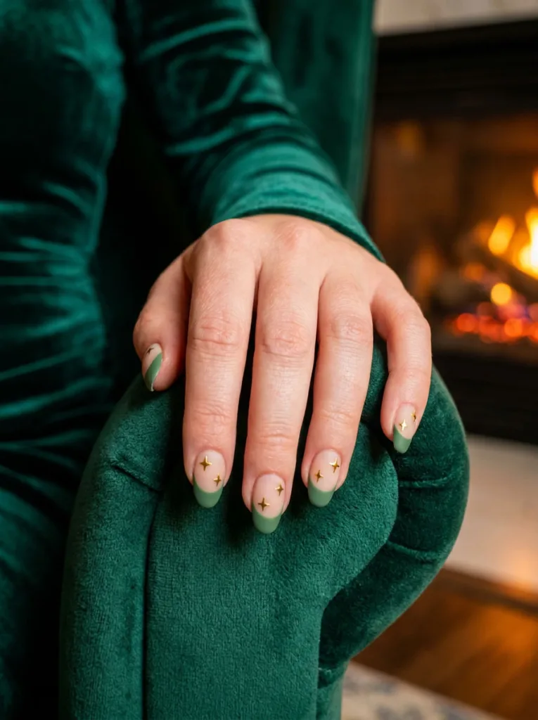 Hand with matte green French tip nails and gold star details resting on a velvet armchair