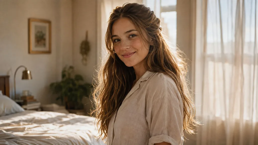 Woman with long wavy hair styled in a soft half-up look, standing in natural window light
