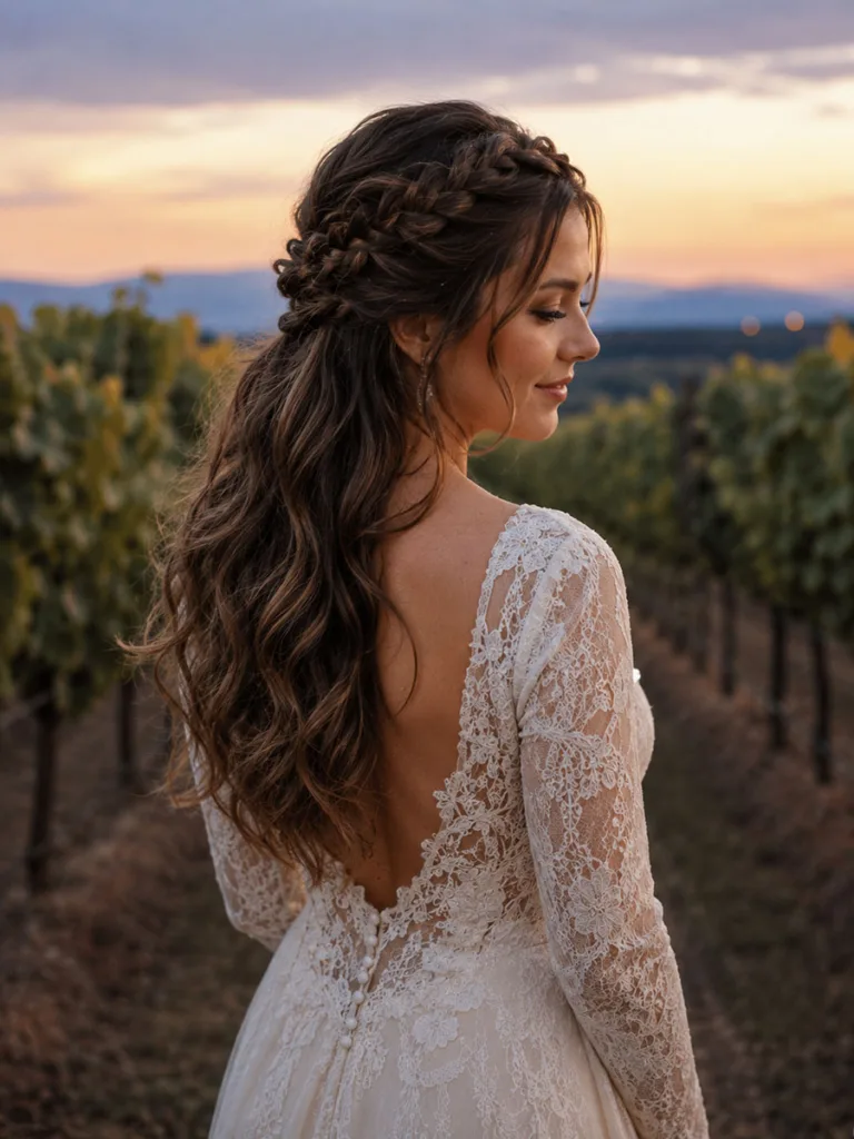 Half-up braided wedding updo with loose waves at a vineyard sunset wedding