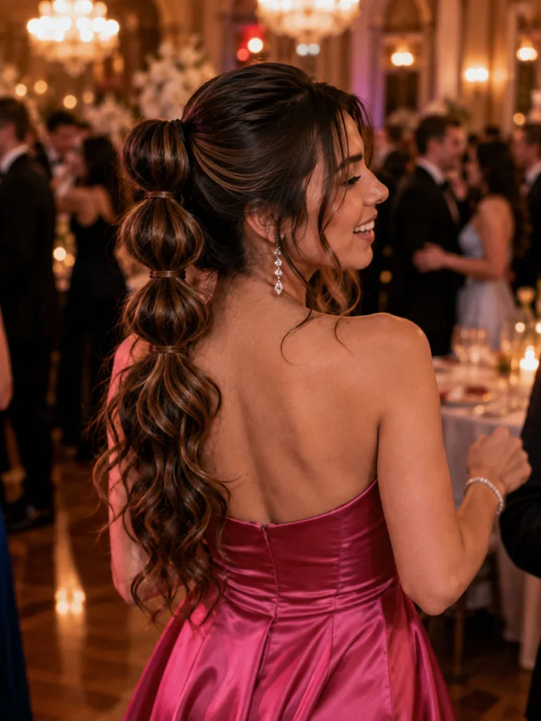 Half-up bubble ponytail prom hairstyle for long hair on the dance floor