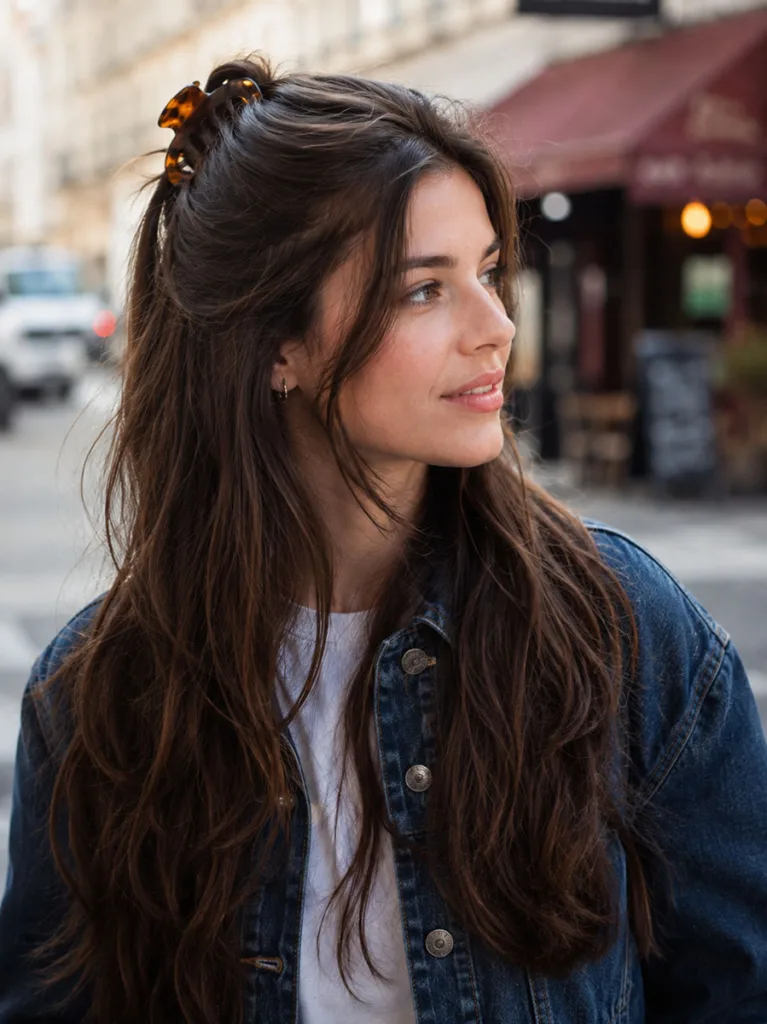 Woman with thick long hair wearing a half-up claw clip hairstyle outdoors