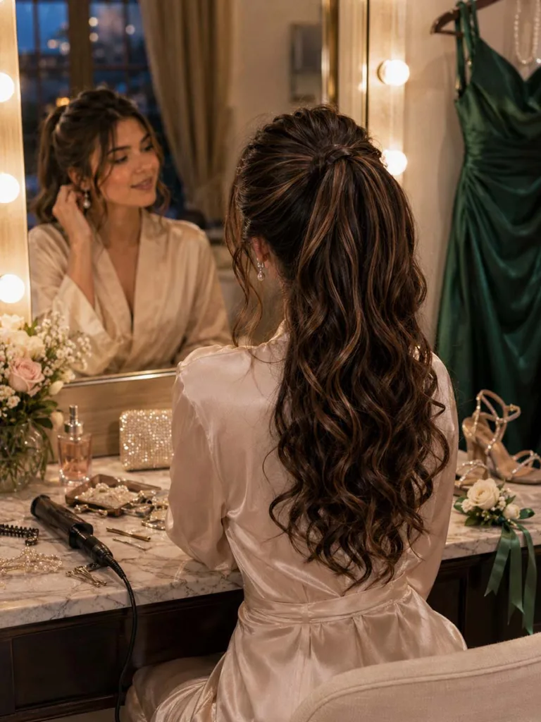 Half-up high ponytail prom hairstyle for long hair at the vanity mirror