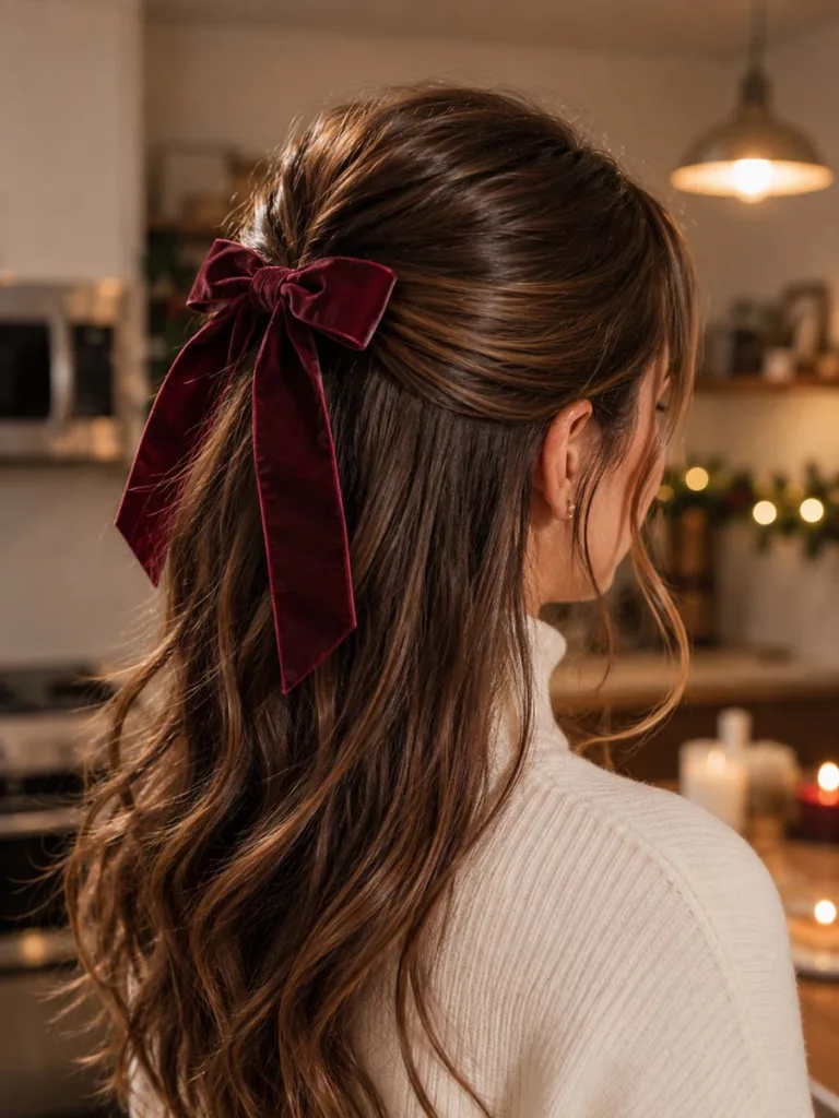 Close-up of a half-up ponytail christmas hairstyle with a velvet ribbon bow