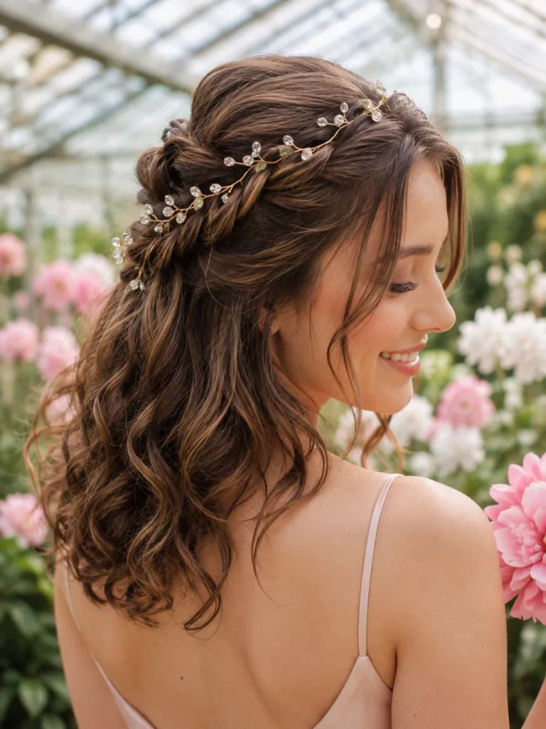 Half up hairstyle with a delicate hair vine for a spring garden wedding