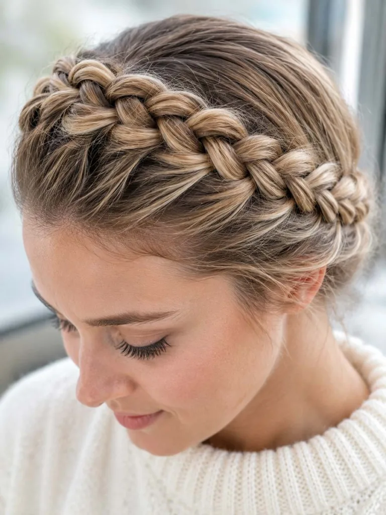 Close-up of a halo braid christmas hairstyle wrapped around the hairline