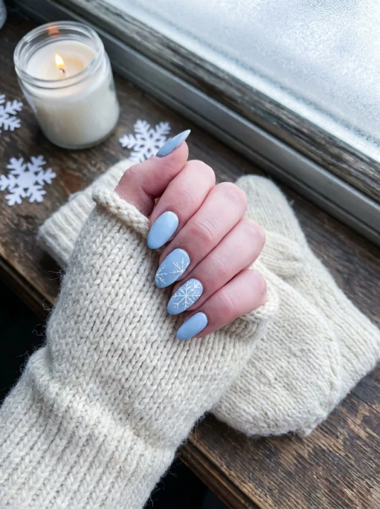Light blue winter nails with hand-painted snowflake accents