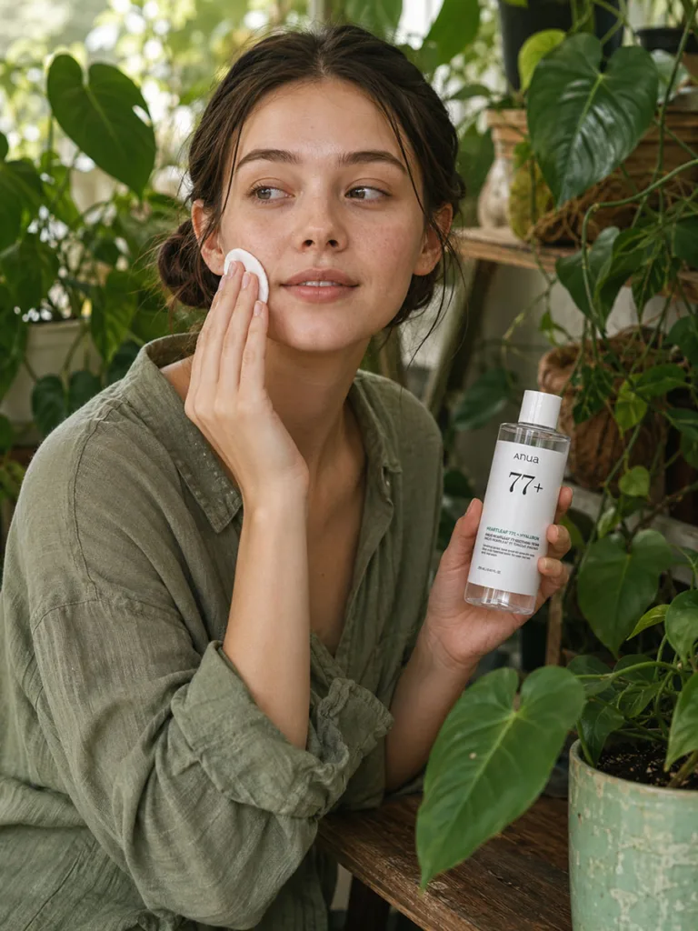 Woman applying Anua Heartleaf soothing toner surrounded by green plants