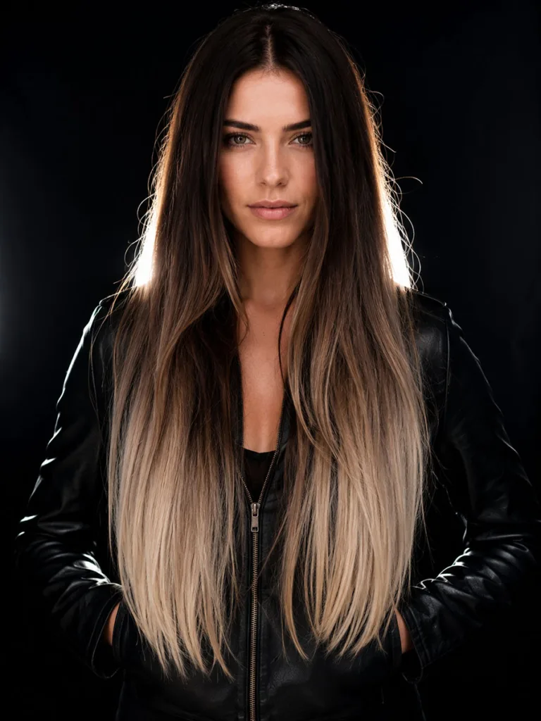Woman with high-contrast balayage, dark roots and bright ends, dramatic studio portrait