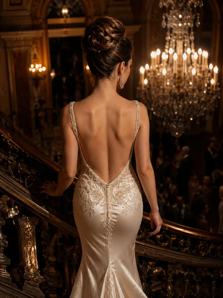 High volume wedding bun updo with open-back gown descending a ballroom staircase