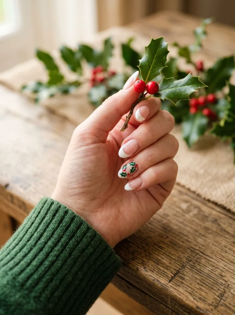 Hand with white French tips and hand-painted holly berry nail art holding a holly sprig