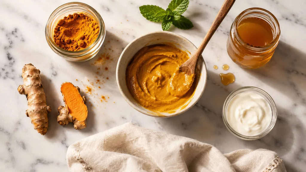 Homemade turmeric face mask ingredients including turmeric powder, honey, and yogurt arranged on a marble counter