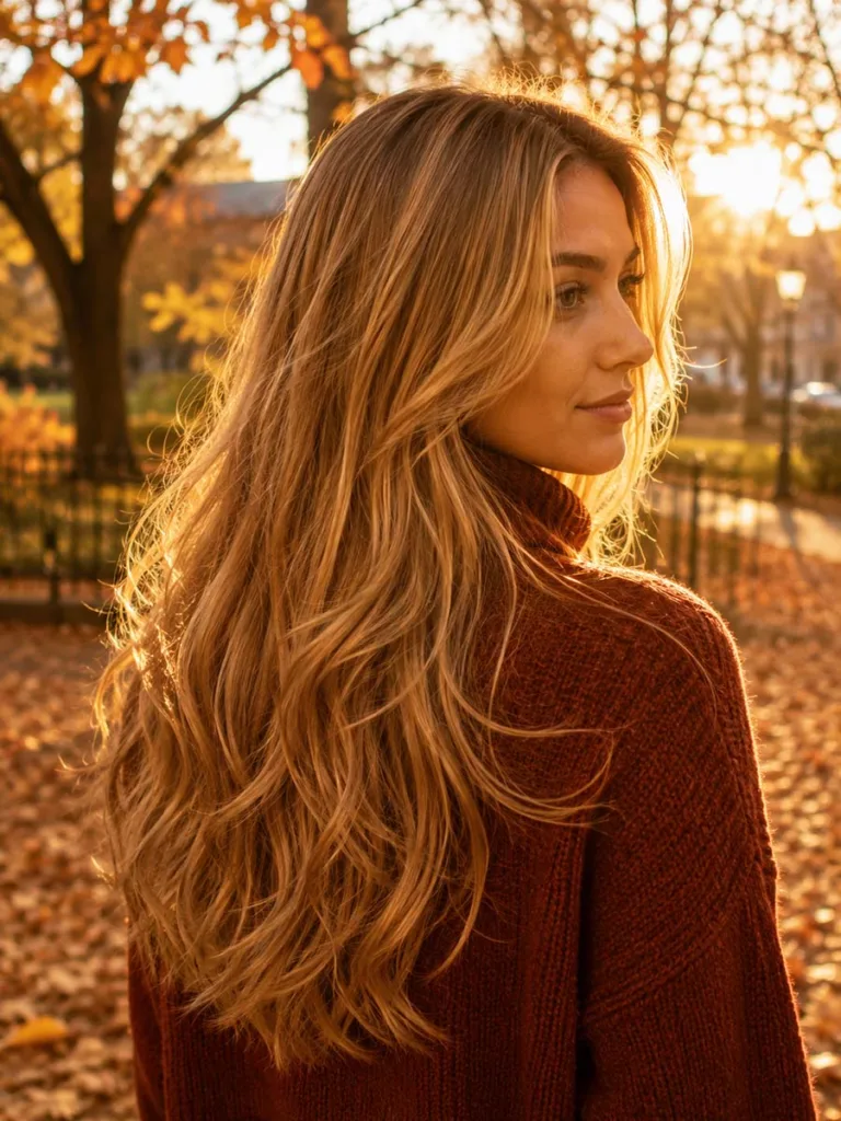Back view of honey wheat blonde fall hair color in an autumn park at golden hour