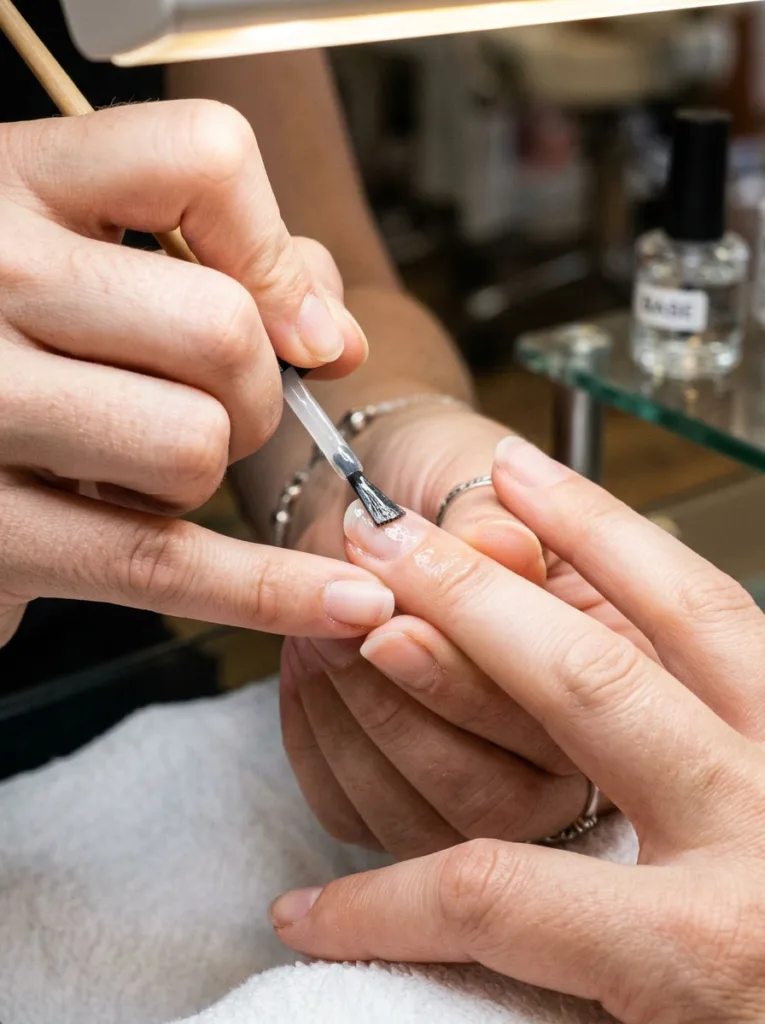 Close-up of a nail technician applying clear base coat to a client's nail