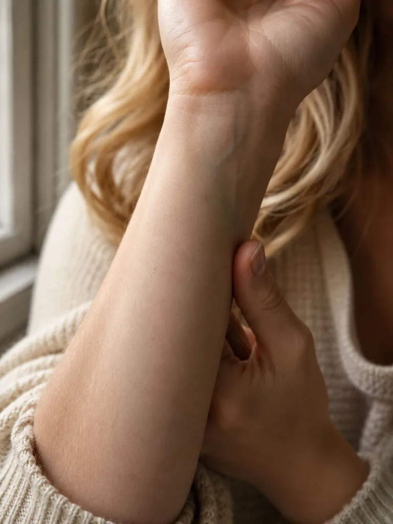 Close-up of a woman's wrist veins in natural light to check warm or cool skin undertone for blonde hair color