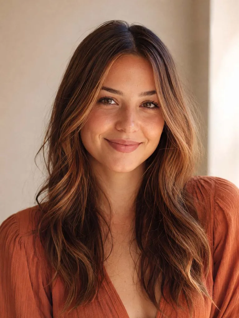 Woman with warm-toned brunette balayage that complements her fair skin undertone