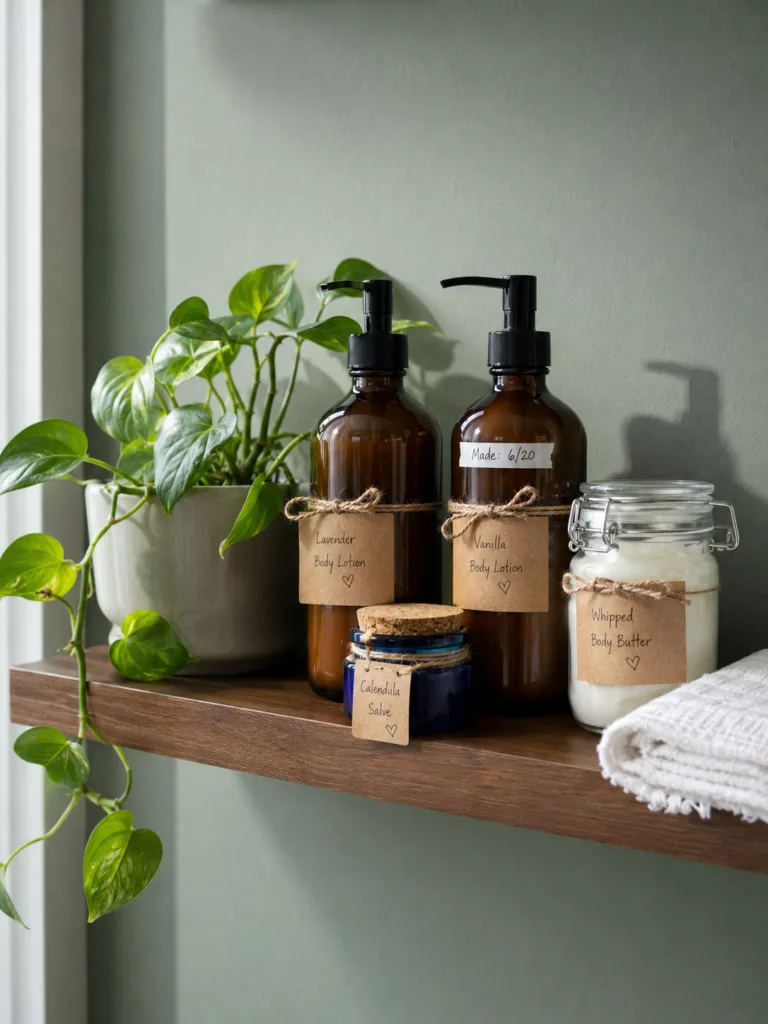 Storing homemade body lotion for dry skin in dark glass bottles
