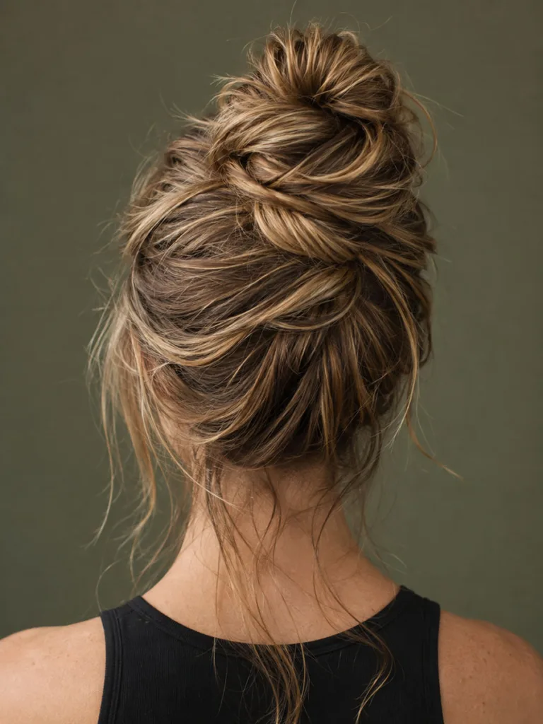 Close-up back view of a loose messy bun hairstyle on long hair
