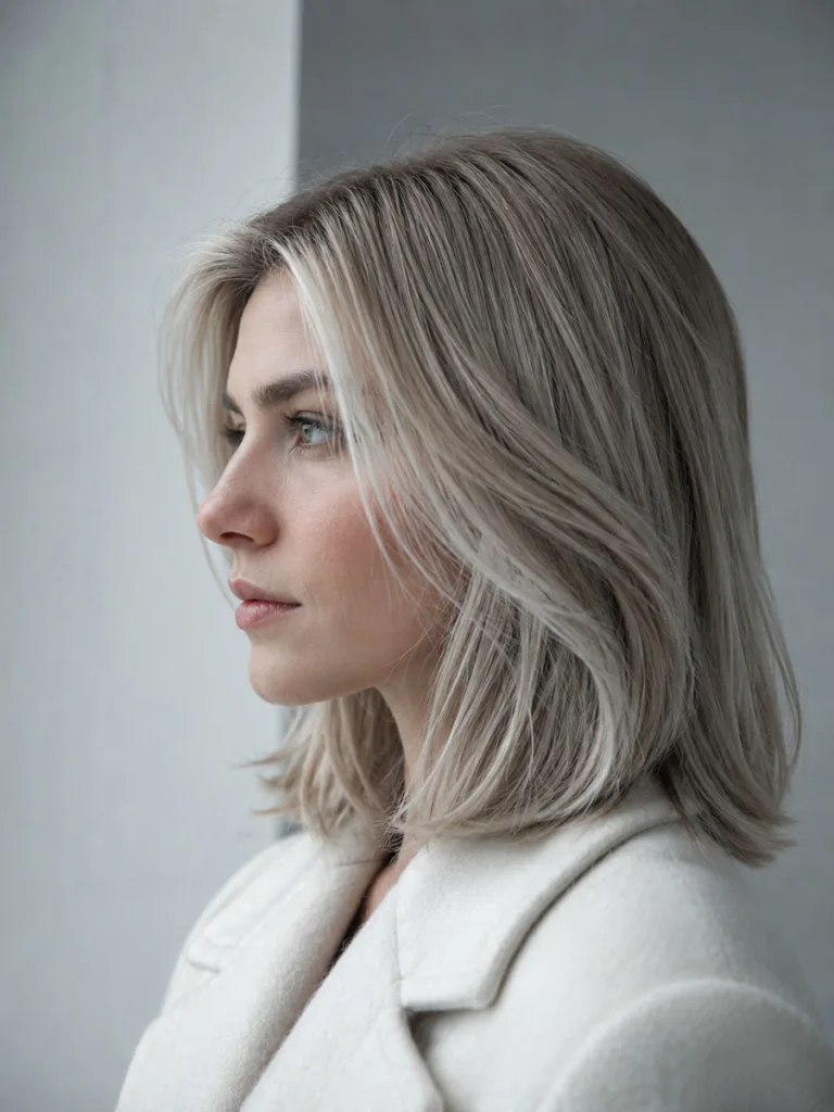 Woman with icy ash blonde fall hair color in cool daylight against a white backdrop