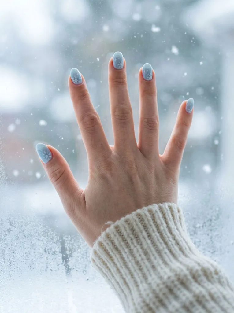 Fair-skinned hand resting on a frosted window showing icy blue snowflake christmas nails.