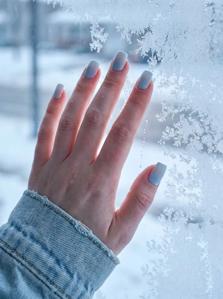 Fair-skinned hand with icy blue ombre square winter nails touching a frosted window