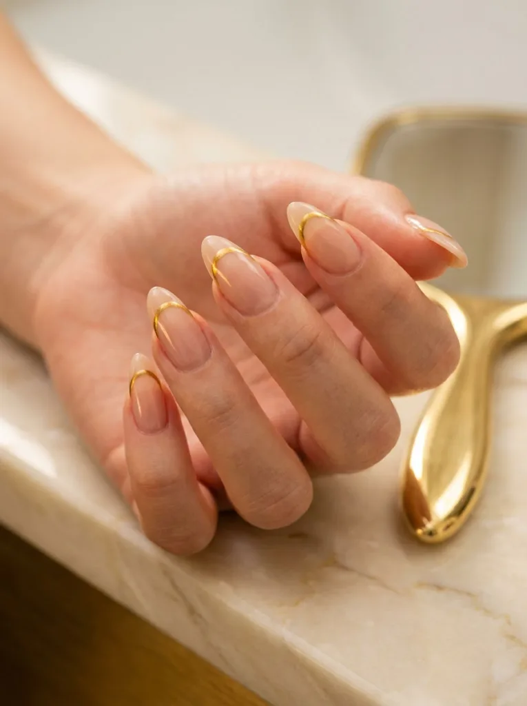 Invisible French new years nails with a thin gold line accent