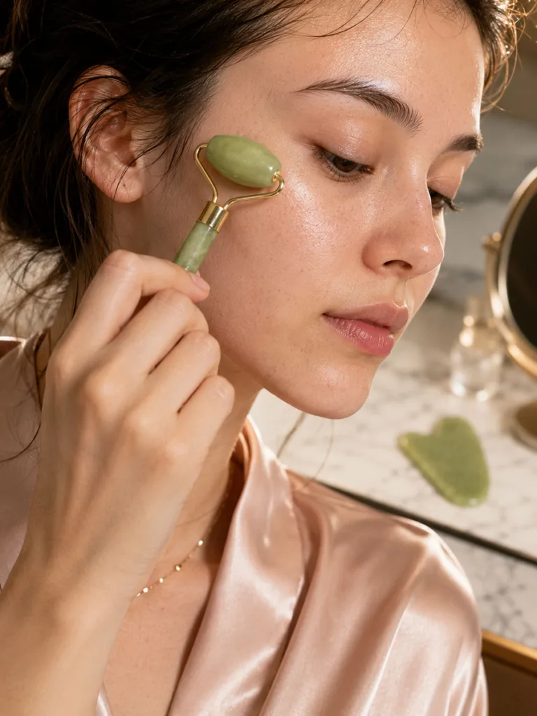 Woman using a jade roller along her cheekbone for lymphatic drainage