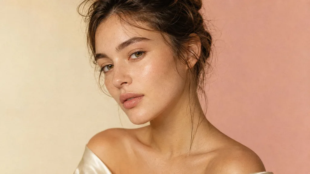 Young woman with natural glass skin glow in soft studio beauty portrait
