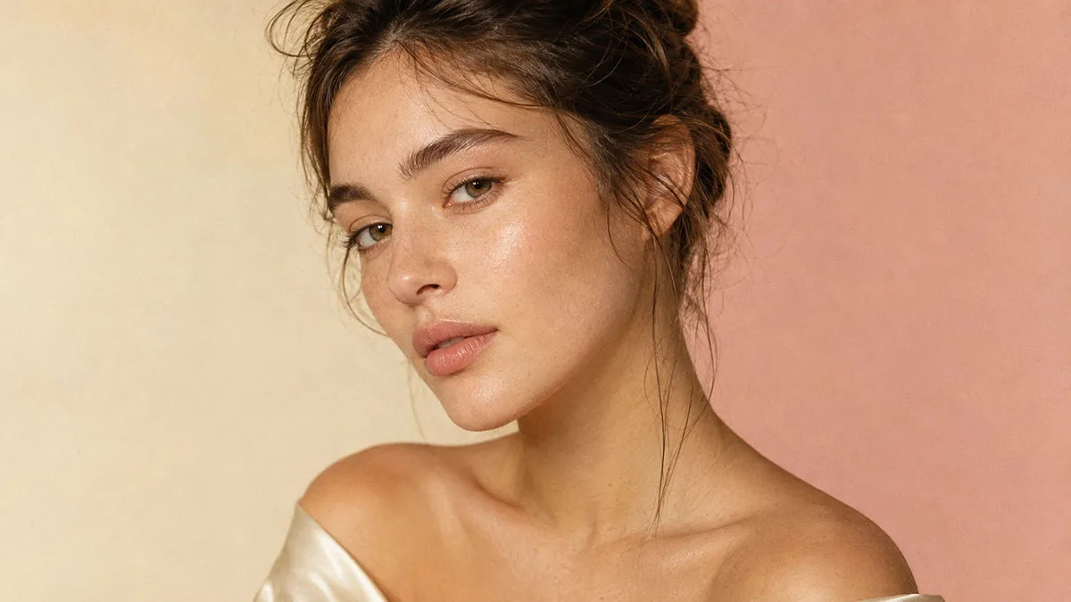 Young woman with natural glass skin glow in soft studio beauty portrait