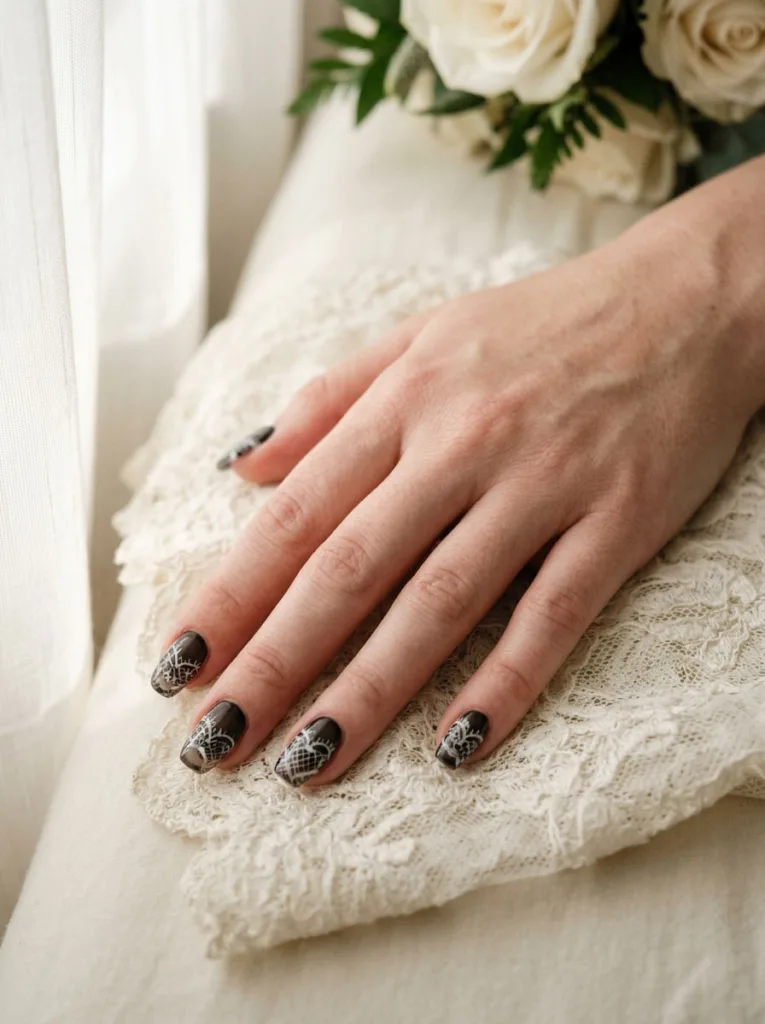 Close-up of a hand resting on lace fabric, delicate black lace nail art