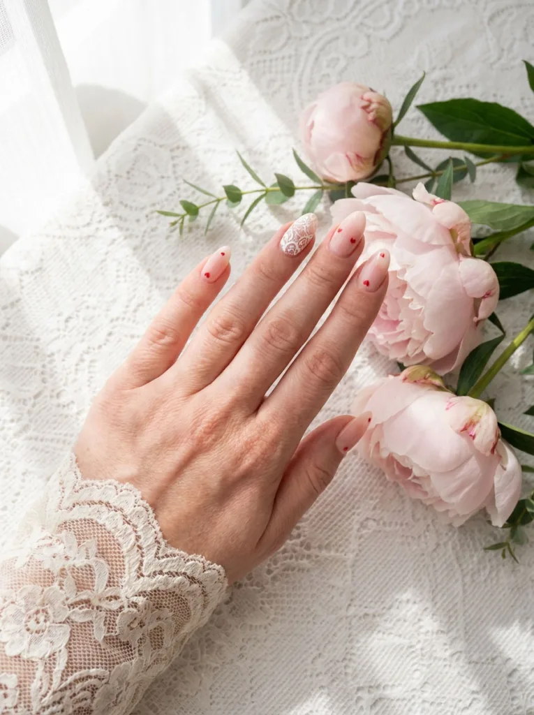 Fair-skinned hand with white lace and red heart almond nails on lace tablecloth
