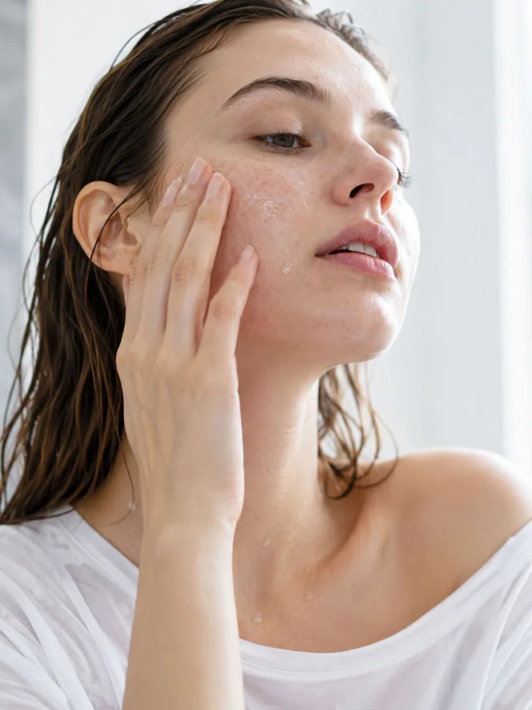 Woman applying hyaluronic acid to damp skin as part of anti-aging skincare in her 20s