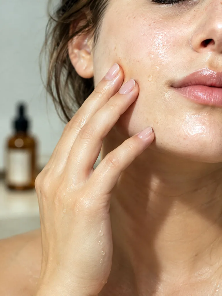 Close-up of a woman patting Korean essence into her skin for a hydrating glow routine