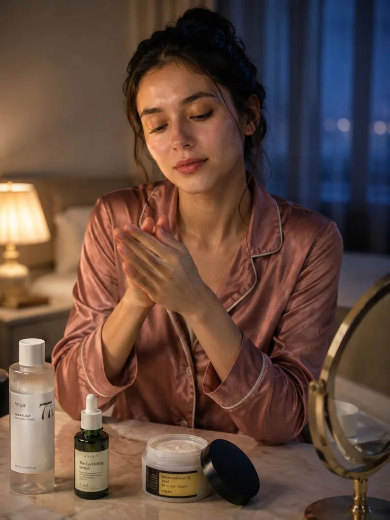 Young woman applying treatment serum as the final layer of her night skincare routine