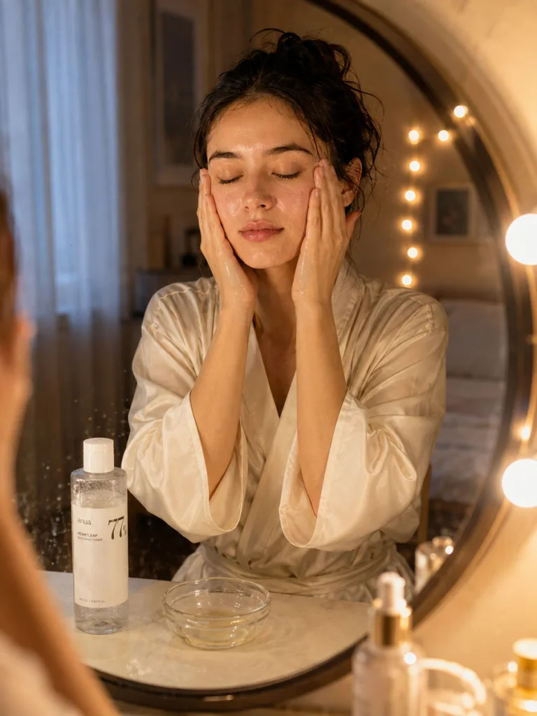 Woman layering thin coats of toner into her skin with her palms