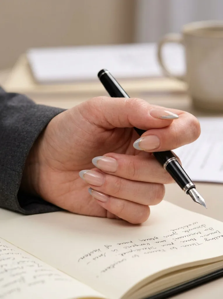 Light gray French tips with a faint gold outline, hand holding a pen over a notebook in an office setting