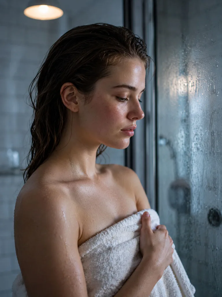Woman in her 20s limiting hot shower time to protect her skin barrier