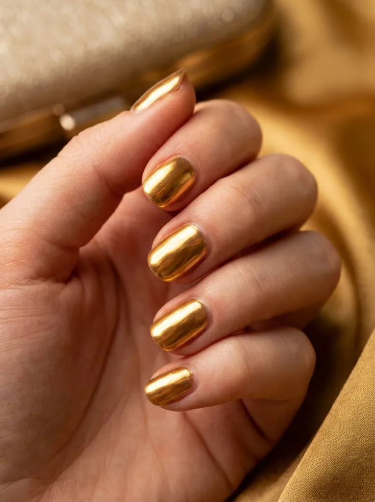 Liquid gold foil new years nails with high-shine finish
