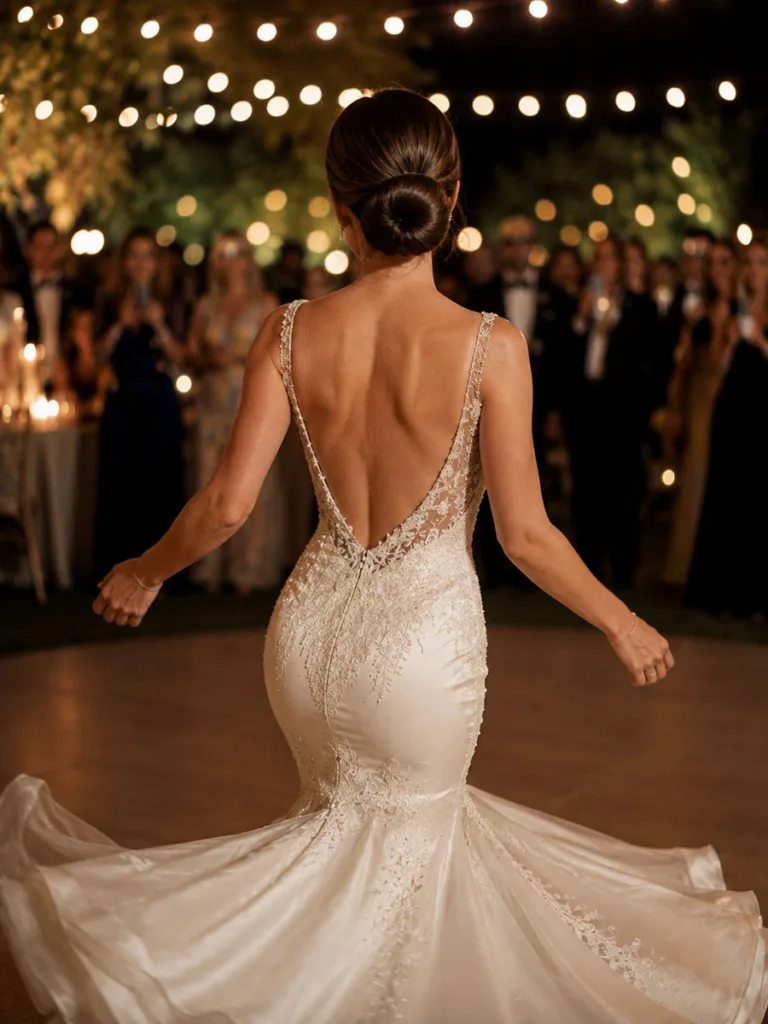 Low ballerina bun wedding updo staying secure on a reception dance floor