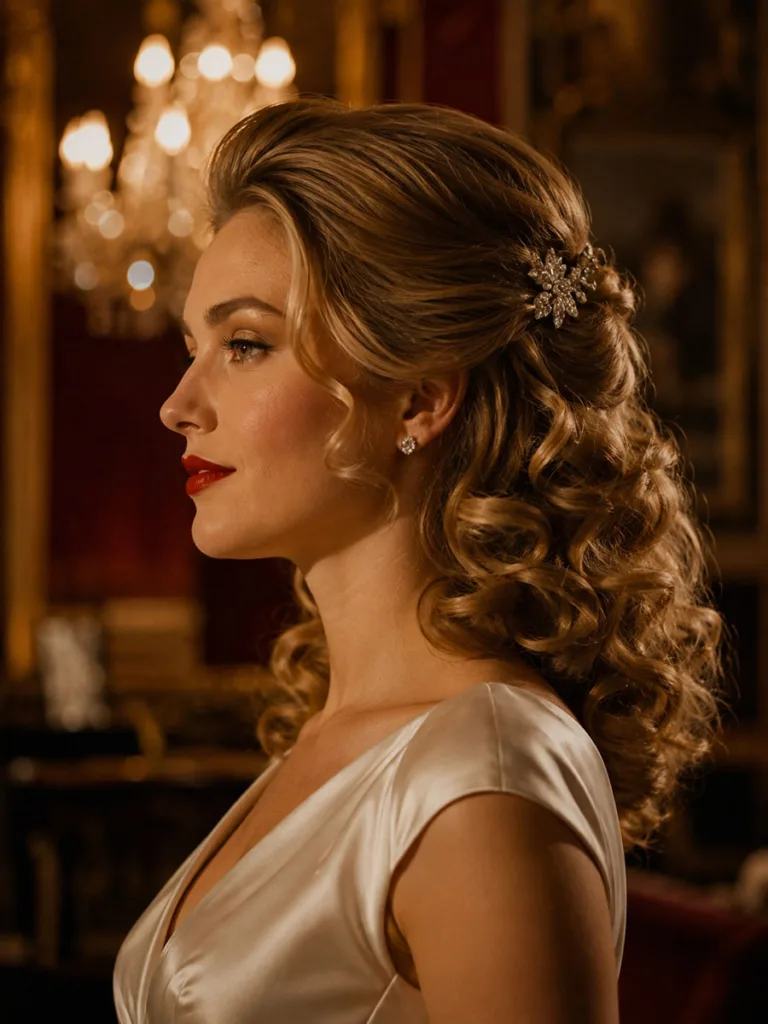 Low bouffant half up hairstyle with vintage curls for a glamorous wedding