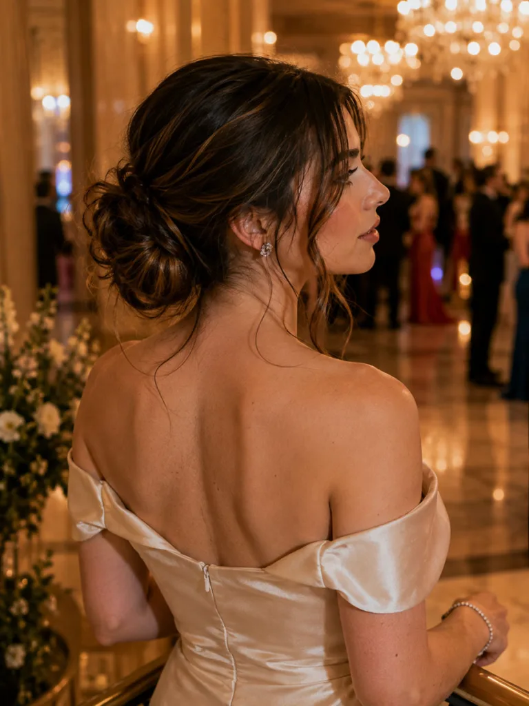 Low chignon bun prom hairstyle for long hair, back view