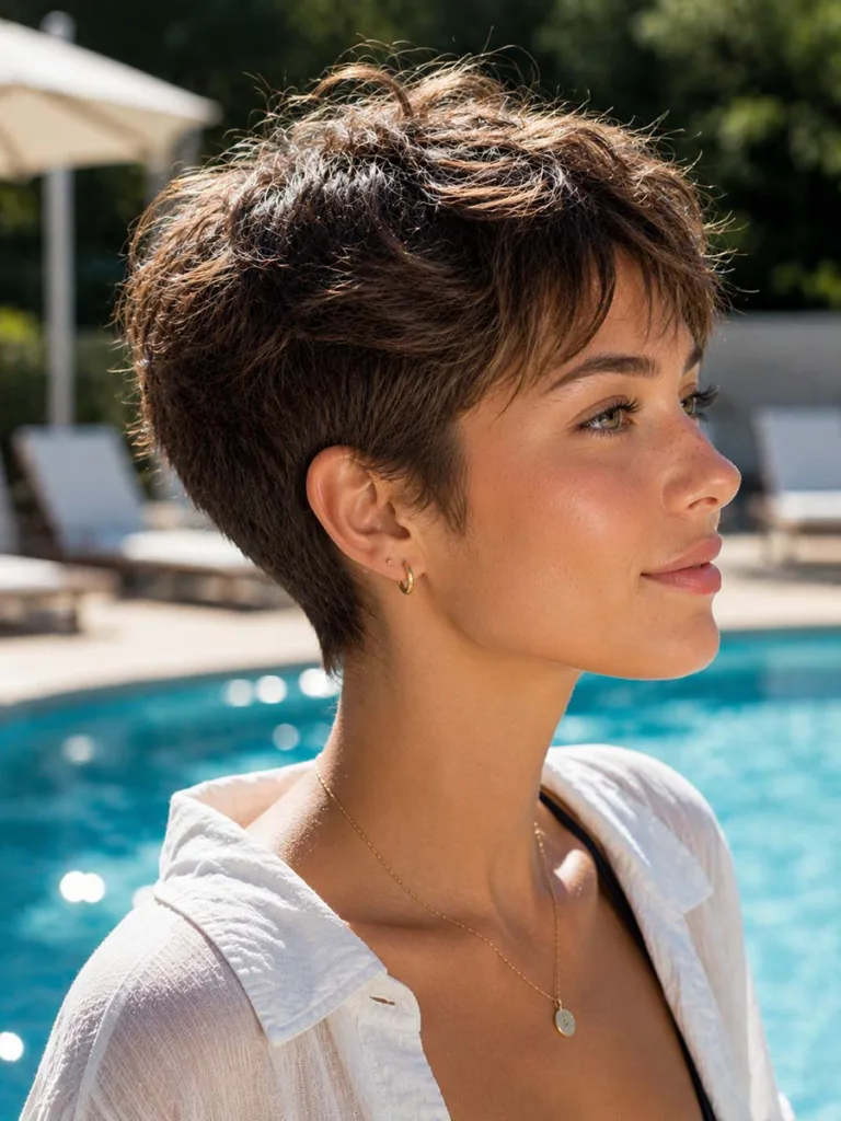 Woman with a pixie cut summer haircut by the pool