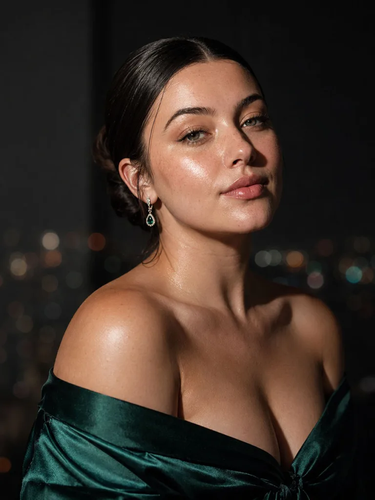 Woman with a strategic lustrous highlight glow, an evening-ready Korean beauty look