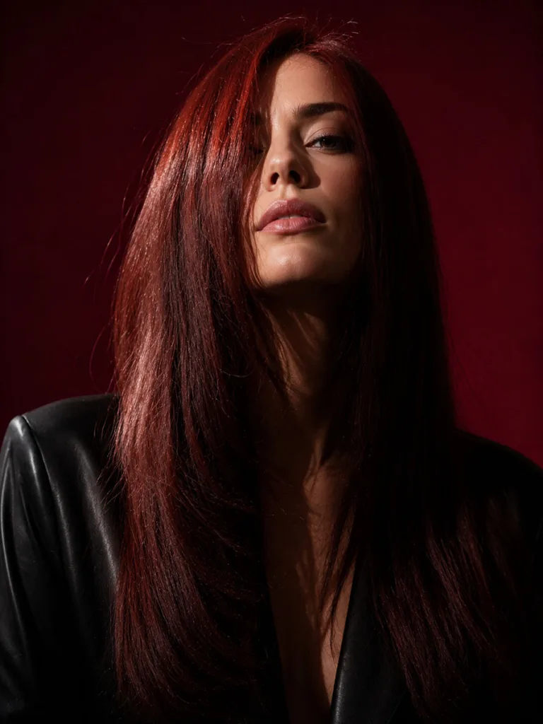 Bold mahogany red brown hair color against a vibrant deep wine-red backdrop