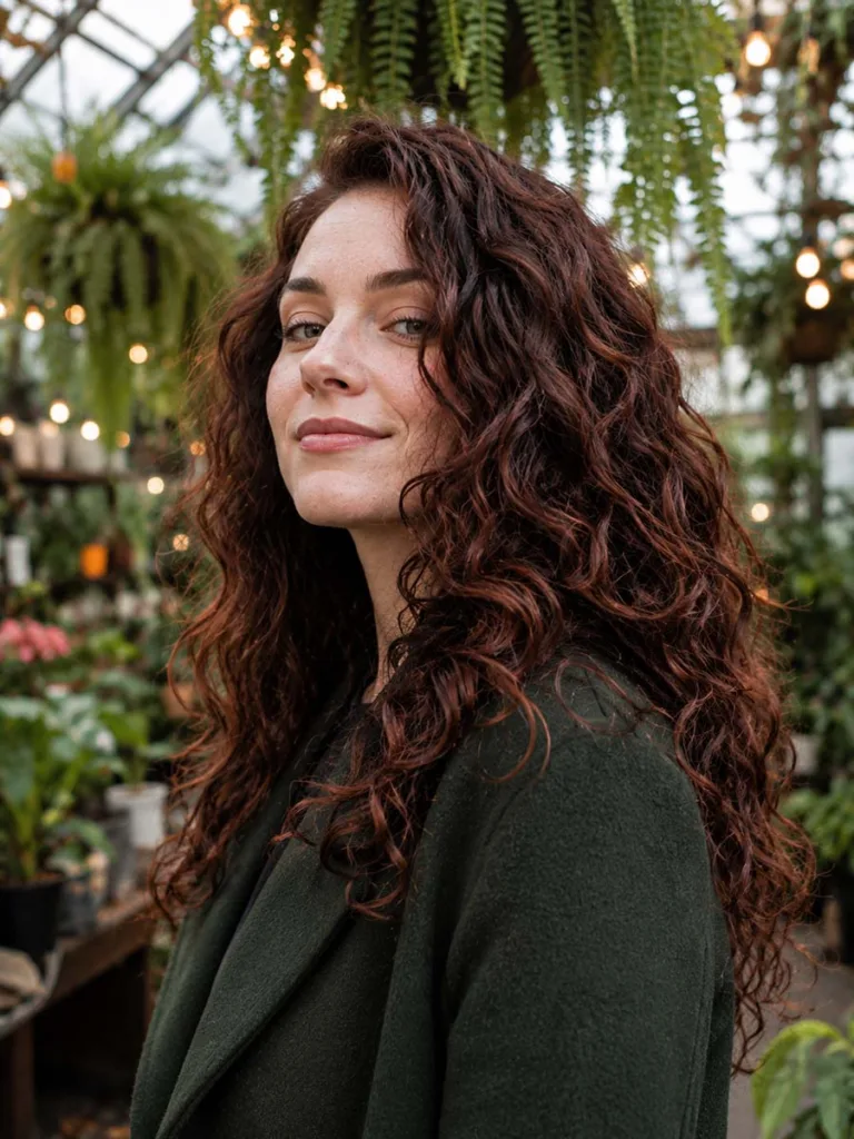 Mahogany red-brown balayage on curly wavy brunette hair